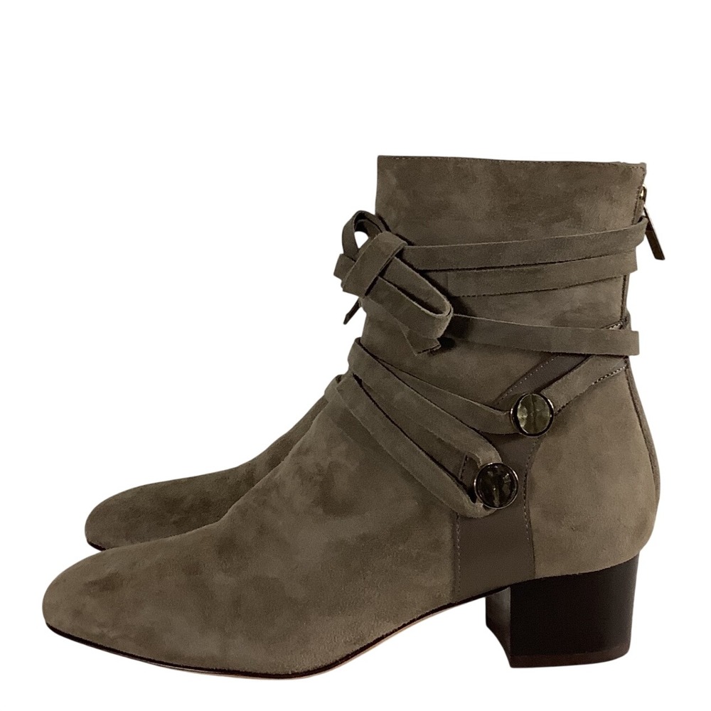 Jimmy Choo Taupe Suede Wrap Strap Ankle Boots Gold Buttons Size 35.5